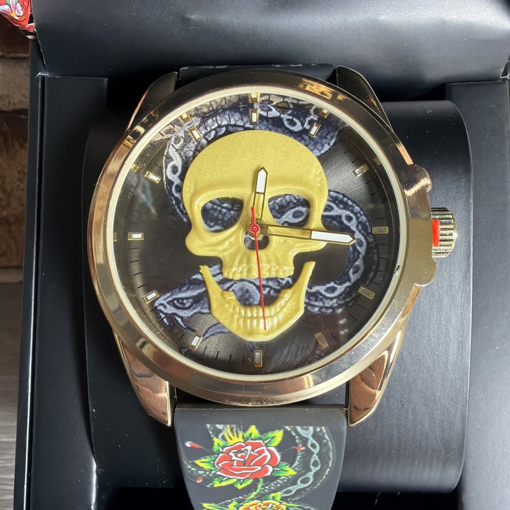 New in Box Ed Hardy Men's Gold Skull Watch Black Snake Rose Floral Strap Y2k